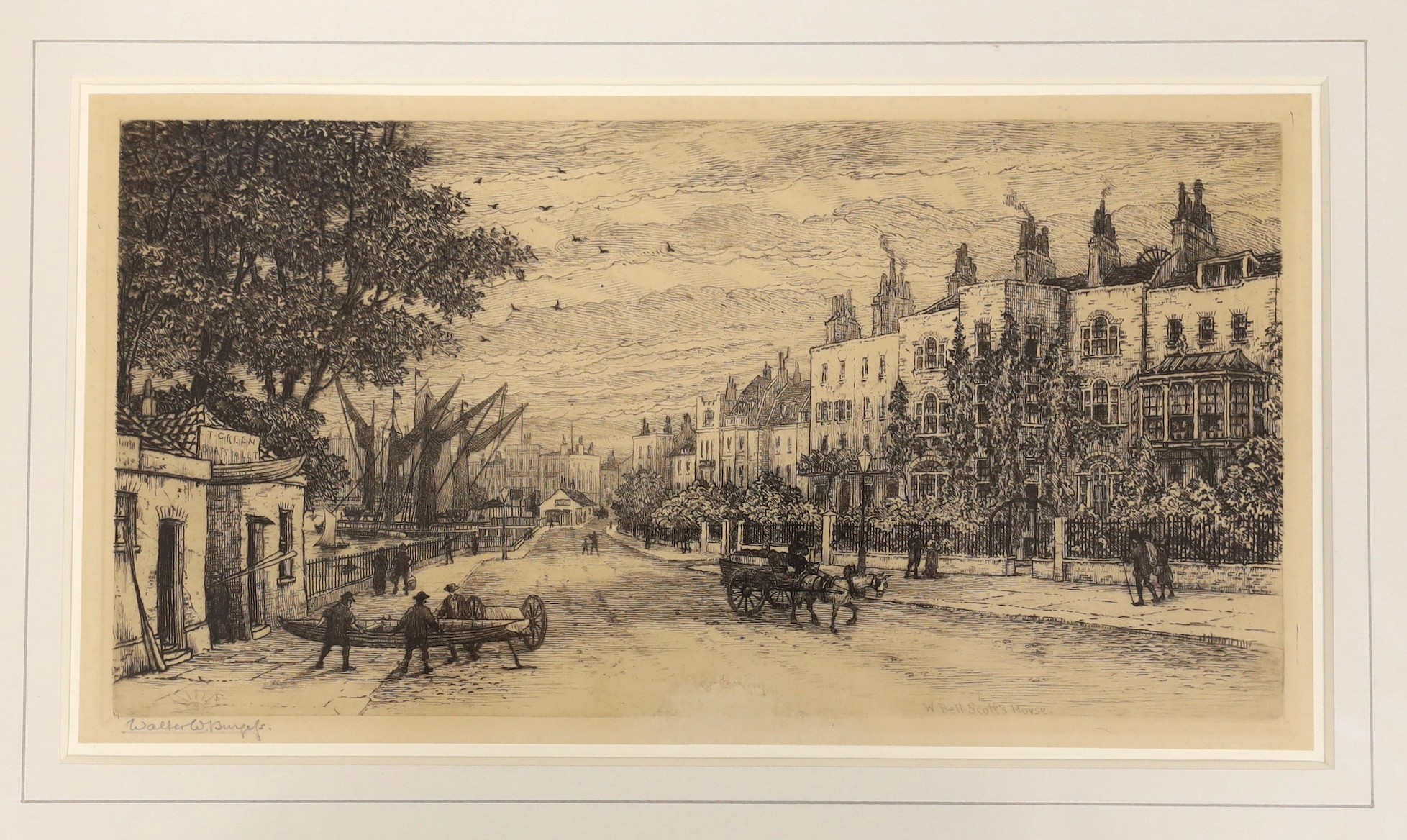 Walter William Burgess (1845-1908), etching, 'Cheyne Walk west of Beaufort Street', signed in pencil, 15 x 28cm